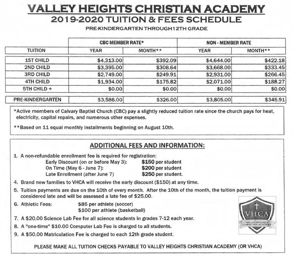 Tuition Schedule – Valley Heights Christian Academy